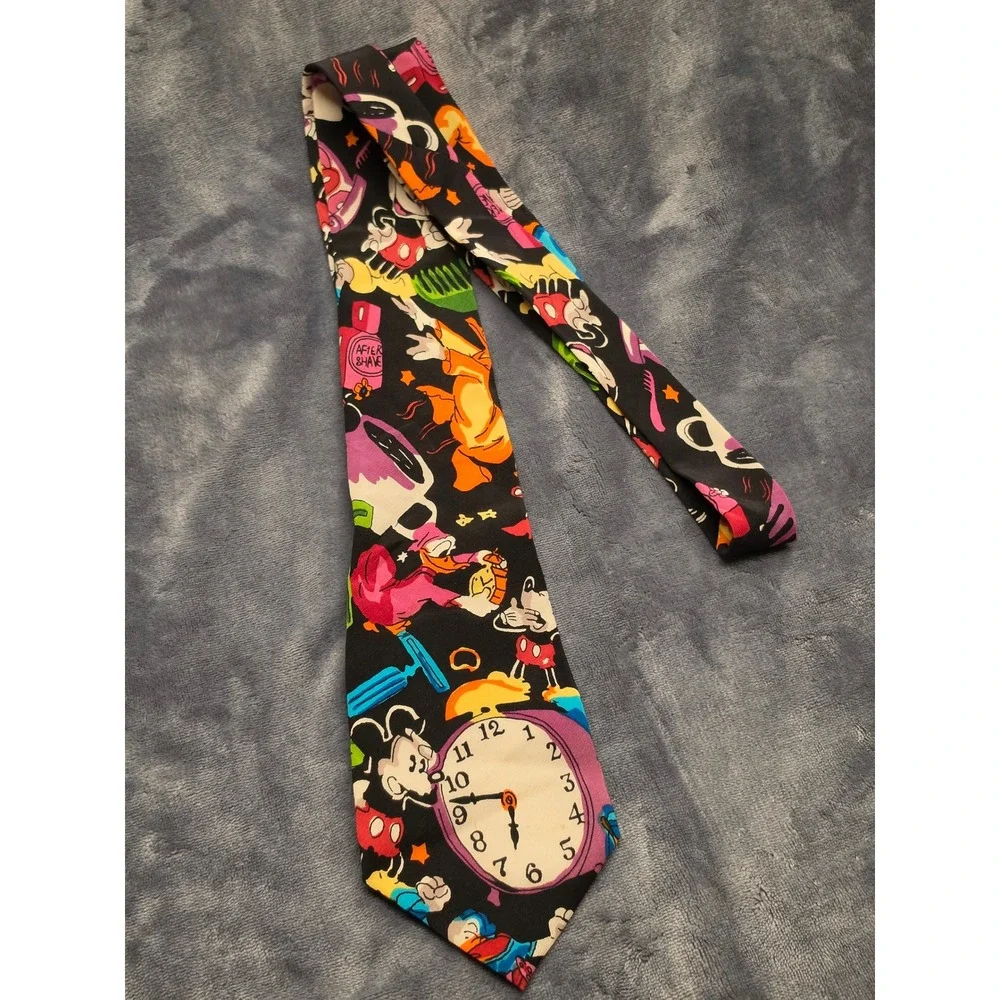 Vintage Disney Mickey Mouse Donald Duck Goofy Silk Tie Black Morning Routine